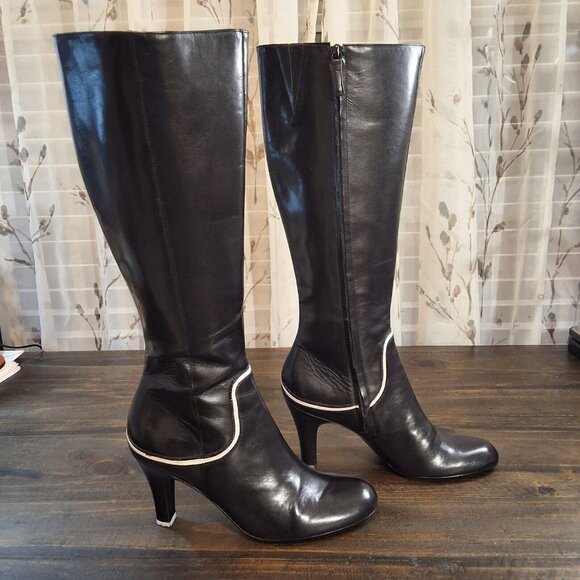 Antonio Melani Black/Cream Leather Knee-High Boots Sz 7 1/2 M - Picture 4 of 7